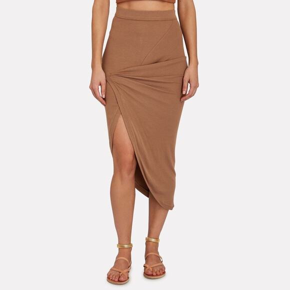 Alix Nyc Women Brown Rib Knit Modal Cortland Ruched Bodycon Midi Skirt Size M - Picture 1 of 6